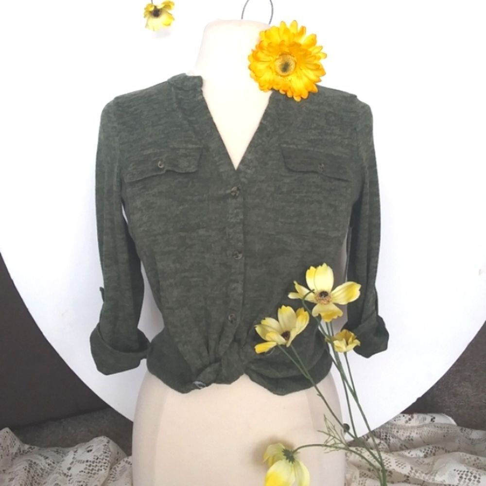 Top Shirt Women's Soft Fuzzy V Neck Roll Tab Sleeves Tie Waist Cargo Poc…
